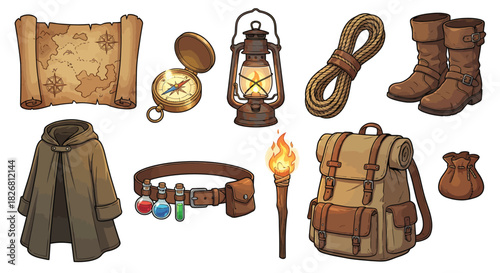 A detailed collection of essential fantasy adventure gear and explorer's equipment for a thrilling journey into the unknown, perfect for game assets and storytelling