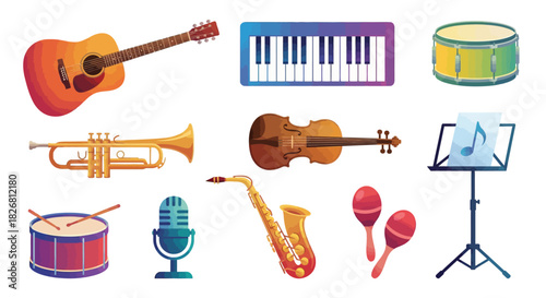 Vibrant flat design illustration set of various musical instruments, a melodic collection for bands and orchestra