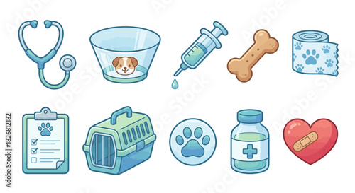 Set of veterinary icons representing pet care, medical tools, and animal health services