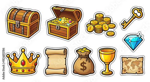 A vibrant collection of cartoon fantasy stickers featuring a treasure chest, gold coins, a crown, and an ancient map for adventure games