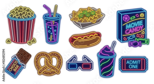 Colorful Cinema Treats Neon Food Icons for a Movie Night Feast
