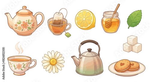 A delightful collection of tea time essentials, including teapots, cups, lemon, honey, and biscuits, perfect for cozy moments and relaxation