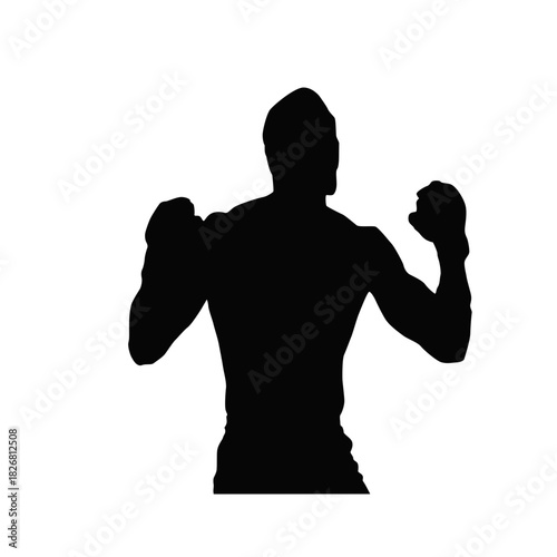 Silhouette of a male boxer in fighting stance against white background