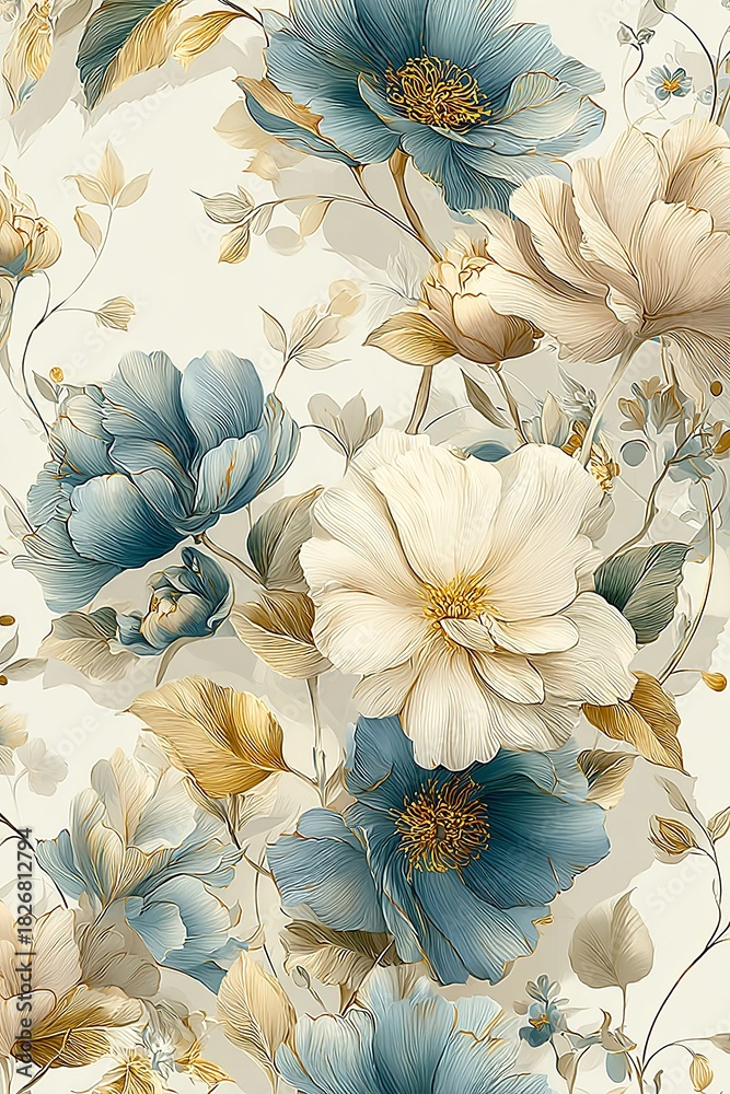 Fototapeta premium Romantic and delicate, luxurious seamless floral pattern featuring detailed blooming flowers, soft leaves, and graceful botanical vines
