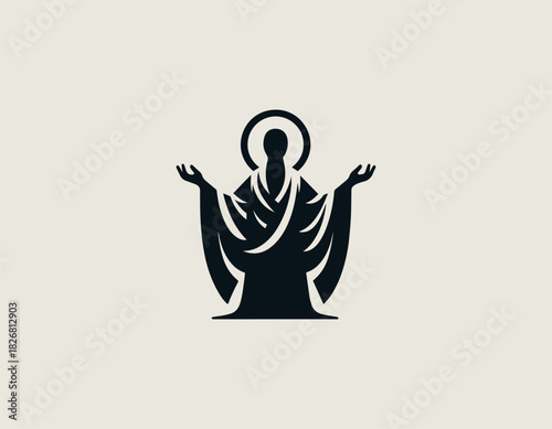 Mystical black vector silhouette of a serene robed figure with a halo, holding a crescent moon shape and a solid orb or planet in its outstretched hands.