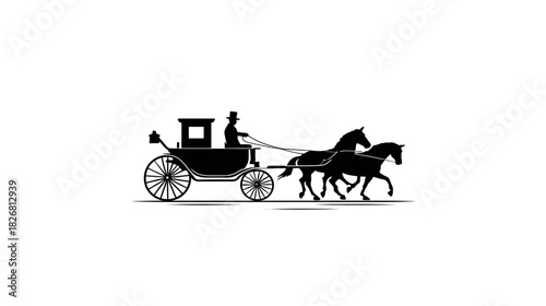 Elegant black silhouette of a vintage horse-drawn carriage with driver and two horses on white background