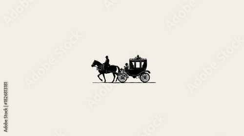 Elegant silhouette of a horse-drawn carriage with a coachman, vintage transportation illustration, classic historic vehicle design