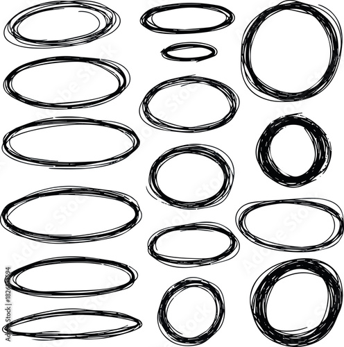 Create Handdrawn doodle circle highlights. Brush marker pen round ovals. Scribble horizontal ellipse inrounder. Round scrawl frames. Vector illustration of freehand painted circular note silhouette on