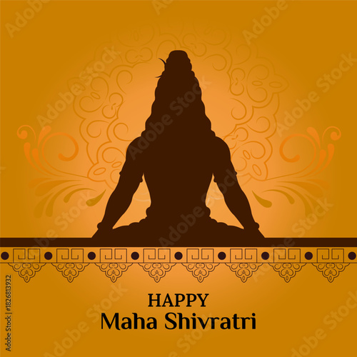 Vector illustration of Lord Shiva silhouette in meditation pose on an ornamental mandala background in warm orange tones, dedicated to the Maha Shivratri festival