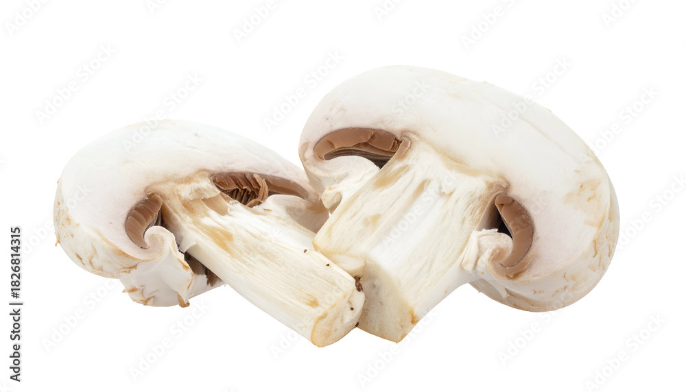 Fototapeta premium Close-up of two halves of a sliced, white edible fungi, displaying textured, fleshy interiors