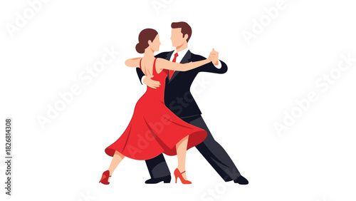 Couple dancing tango in elegant attire with a red dress  