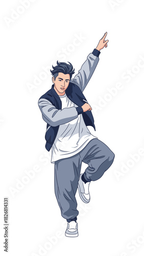 Young man dancing with one arm raised in casual streetwear outfit  