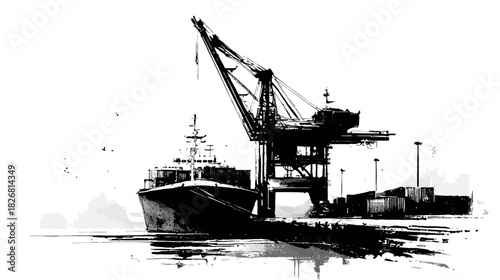 Stylized black and white illustration of an industrial port with a cargo ship and gantry cranes, global logistics and trade concept.