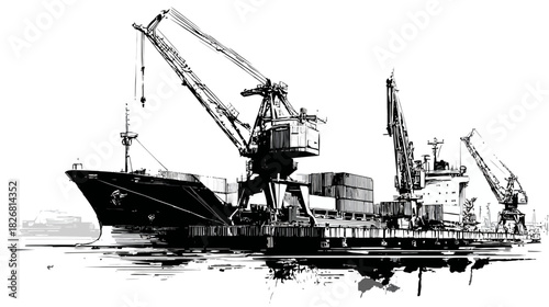 Black and white illustration of a cargo ship with cranes loading containers at a busy industrial port, depicting global shipping logistics.