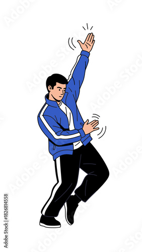 Young man dancing with enthusiasm in sporty outfit on white background  