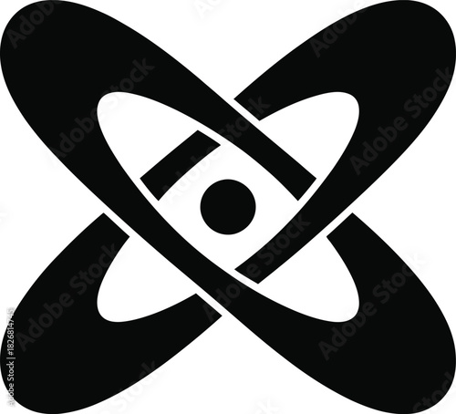 Abstract black intertwined orbital shapes with central nucleus on white, symbolizing connection, science, technology, motion, data, network, and unity in a modern graphic design element.