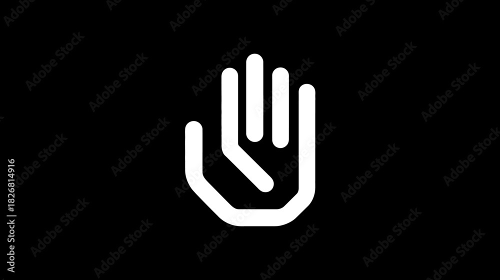 Obraz premium Abstract white outline hand icon with open palm gesture on a minimalist black background, clean vector graphic symbol.