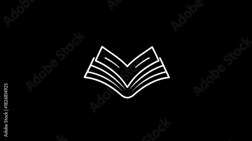 Minimalist open book line art icon illustration on black background, simple graphic design for education, learning, or publishing