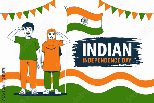 Indian Independence Day Celebration - Boy and Girl Saluting with Flag.