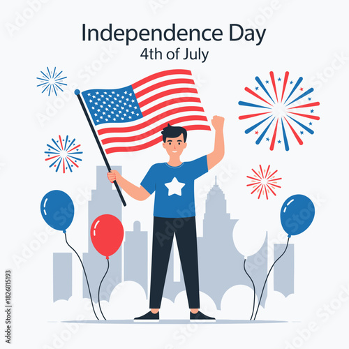 4th of July Celebration - Boy Holding US Flag with Fireworks and Balloons.