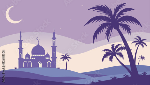 Silhouette of mosque and palm trees at night time