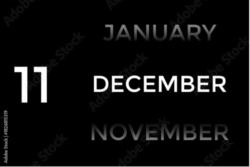 December 11 calendar with black background. A minimalist calendar template with well-structured date boxes and a sleek layout. This image is ideal for illustrating concepts such as time planning