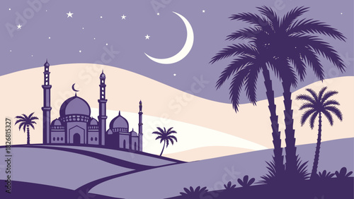 Illustration of mosque with palms and crescent moon