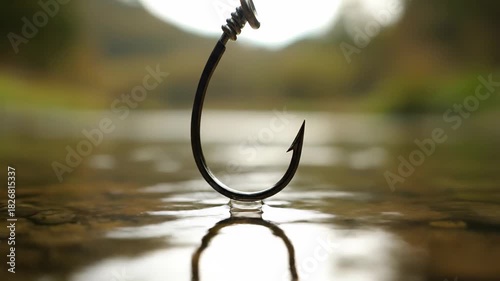 Detailed close up of a solitary fishing hook delicately resting on the serene water of a river, causing a subtle indentation in the surface due to the water tension