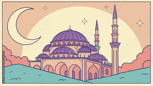 Illustration of a mosque under a crescent moon