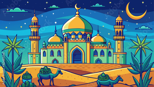 Illustration of a mosque in a desert landscape