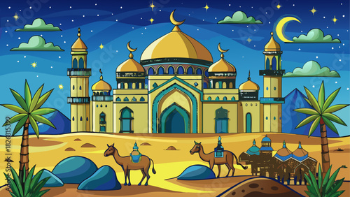 Illustration of a mosque at night with camels