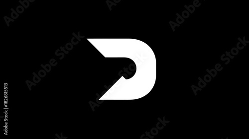 Modern abstract white geometric symbol resembling a letter D or forward arrow icon on a stark black background.