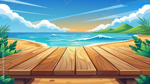 Rustic wooden tabletop with soft sunlight, set against a serene beach and ocean horizon, ideal for showcasing products in a fresh and relaxing summer environment