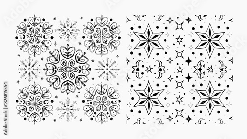 Hand drawn black and white snowflakes and stars patterns