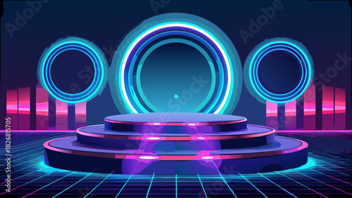 Elegant podium with glowing neon circles, futuristic spotlight stage for premium product showcasing