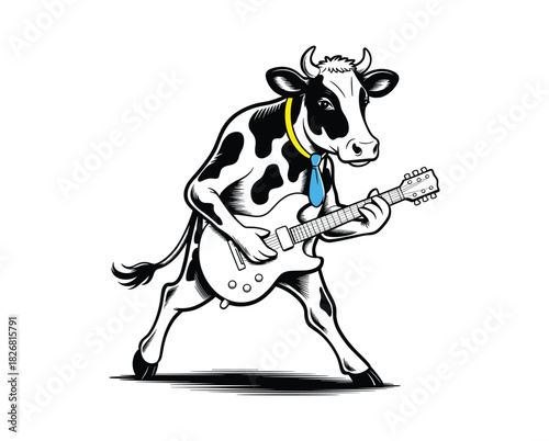 Cartoon Black and White Cow Playing Electric Guitar with Blue Tie and Yellow Collar. cow, cartoon, animal, music.