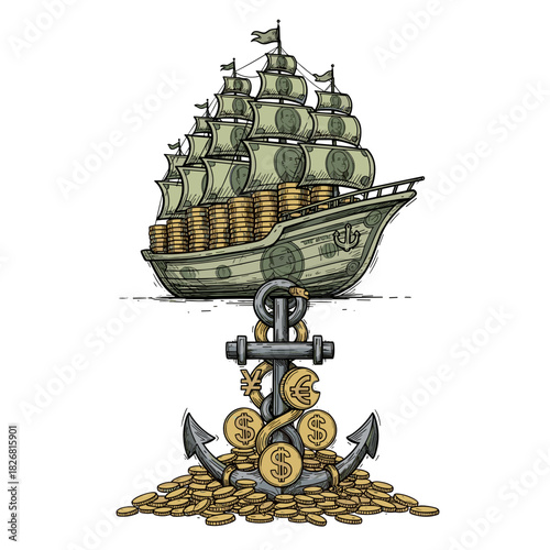 Anchor stabilizing financial ship made of coins and dollar bills  