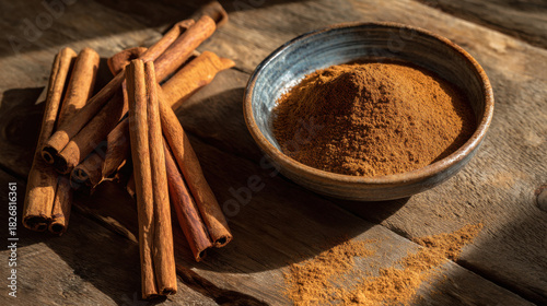 Fototapeta Naklejka Na Ścianę i Meble -  Flat lay of cinnamon sticks and ground cinnamon powder
