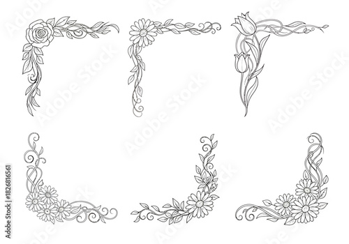 Six black and white floral corner designs featuring roses daisies and tulips