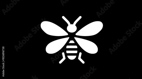 Minimalist White Bee Insect Icon on Black Background, Simple Graphic Vector Symbol for Nature and Pollination Concepts