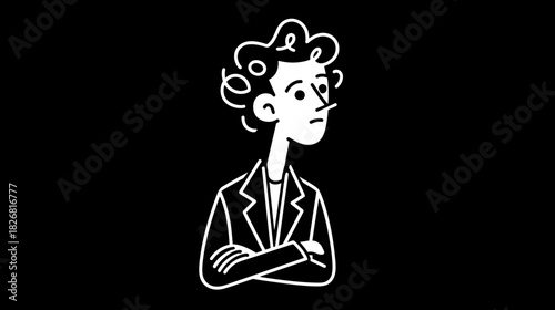 Serious young man in suit with crossed arms, looking sideways. Thoughtful minimalist black and white line art character illustration.