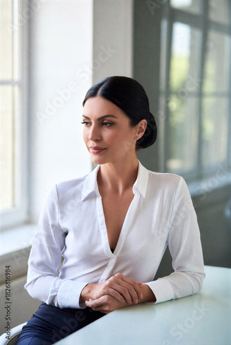 Confident Professional Woman in White Blouse Seated at Desk by Window in Modern Office