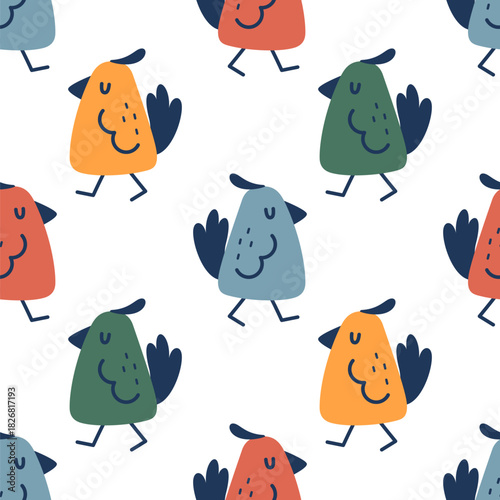 Funny birds seamless pattern. Cute colorful birds. Handdrawn vector repeating ornament useful for print, kids fabric, textile, apparel, clothes, wallpaper, wrapping paper, digital paper
