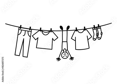 Clothesline with t-shirts pants socks and a person hanging upside down. clothesline, laundry, hanging, clothes.