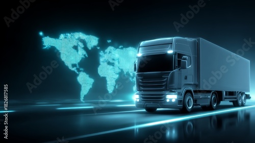 Global shipping truck on highway with world map transport truck symbolizes worldwide freight and delivery