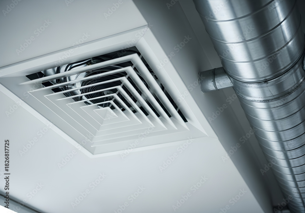 Obraz premium Modern HVAC ceiling air diffuser and metal ductwork installation | Low angle view of industrial ventilation system components | White ceiling supply grille and galvanized steel pipe 
