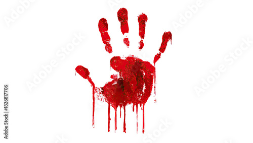 Bloody handprint drips red liquid down a black background