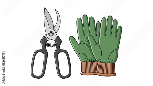 Gardening tools set featuring pruning shears and protective gloves for outdoor work.