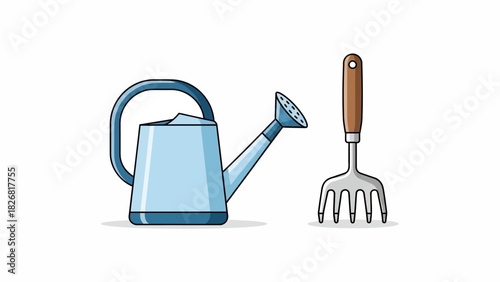 Gardening tools set with watering can and hand rake for planting.