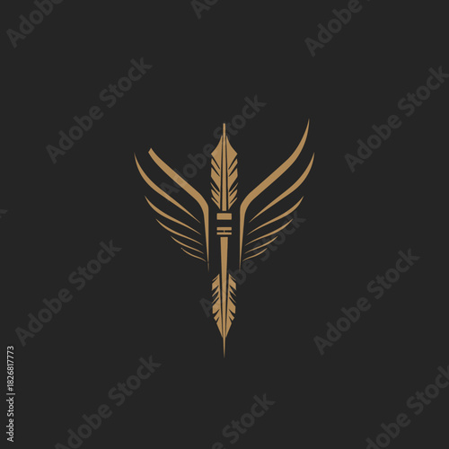 Elegant golden quill pen and arrow graphic with majestic spreading wings. Vintage symbol of creativity, writing, literature, freedom, and inspiration.